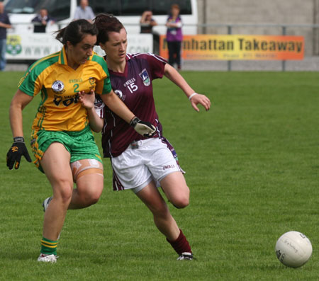 Action from the All-Ireland ladies minor football final between Donegal and Galway..