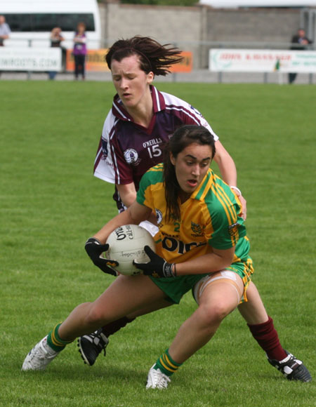 Action from the All-Ireland ladies minor football final between Donegal and Galway..