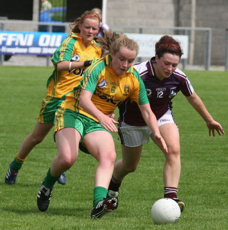 Action from the All-Ireland ladies minor football final between Donegal and Galway..