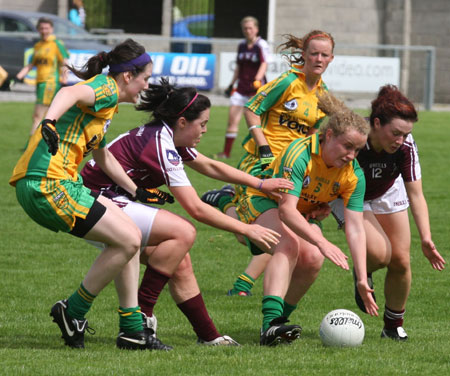 Action from the All-Ireland ladies minor football final between Donegal and Galway..