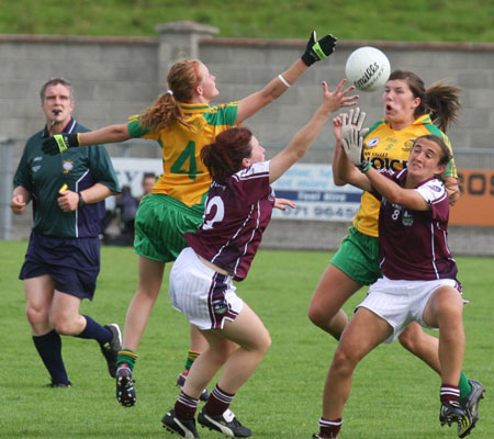 Action from the All-Ireland ladies minor football final between Donegal and Galway..