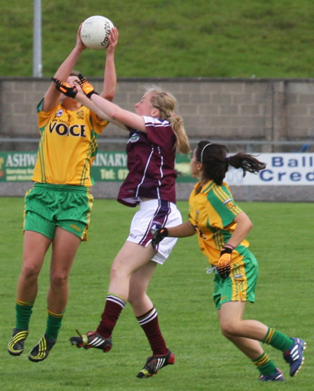 Action from the All-Ireland ladies minor football final between Donegal and Galway..