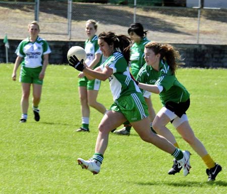 Action from the ladies league clash between Aodh Ruadh and MacCumhaills in Pirc Aoidh Ruaidh.