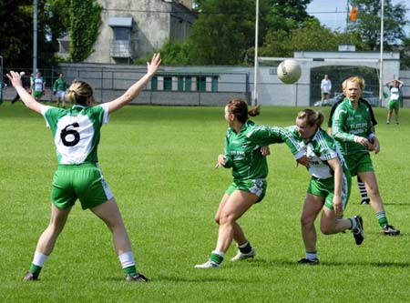Action from the ladies league clash between Aodh Ruadh and MacCumhaills in Pirc Aoidh Ruaidh.