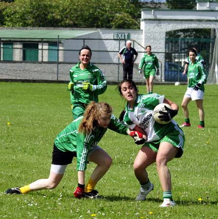 Action from the ladies league clash between Aodh Ruadh and MacCumhaills in Pirc Aoidh Ruaidh.