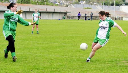 Action from the ladies league clash between Aodh Ruadh and MacCumhaills in Pirc Aoidh Ruaidh.