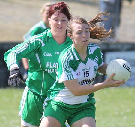 Action from the ladies league clash between Aodh Ruadh and MacCumhaills in Pirc Aoidh Ruaidh.