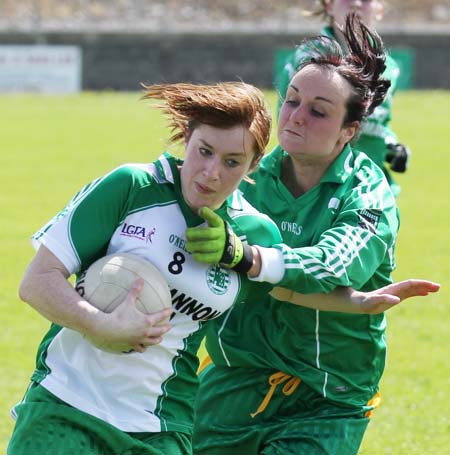 Action from the ladies league clash between Aodh Ruadh and MacCumhaills in Pirc Aoidh Ruaidh.