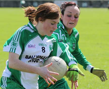 Action from the ladies league clash between Aodh Ruadh and MacCumhaills in Pirc Aoidh Ruaidh.