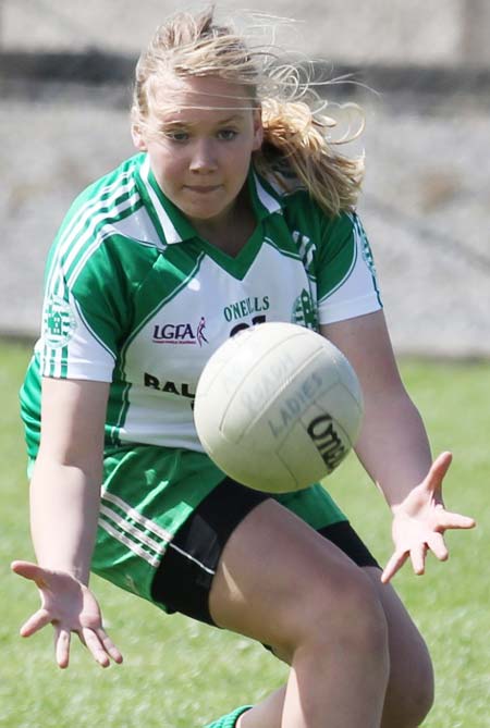 Action from the ladies league clash between Aodh Ruadh and MacCumhaills in Pirc Aoidh Ruaidh.
