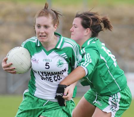 Action from the ladies league clash between Aodh Ruadh and MacCumhaills in Pirc Aoidh Ruaidh.