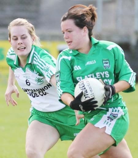 Action from the ladies league clash between Aodh Ruadh and MacCumhaills in Pirc Aoidh Ruaidh.