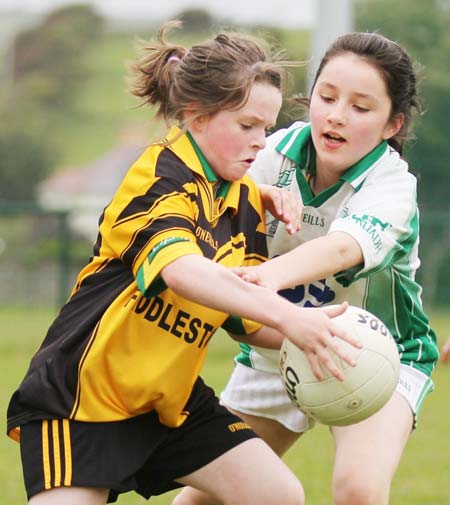 Action from the under 12 girls challenge between Aodh Ruadh and Erne Gaels in Pirc Aoidh Ruaidh.