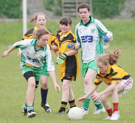 Action from the under 12 girls challenge between Aodh Ruadh and Erne Gaels in Pirc Aoidh Ruaidh.