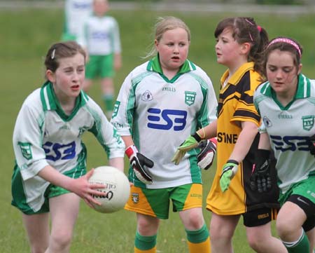 Action from the under 12 girls challenge between Aodh Ruadh and Erne Gaels in Pirc Aoidh Ruaidh.