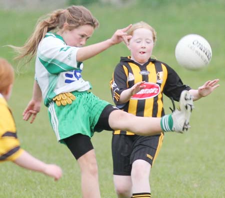 Action from the under 12 girls challenge between Aodh Ruadh and Erne Gaels in Pirc Aoidh Ruaidh.