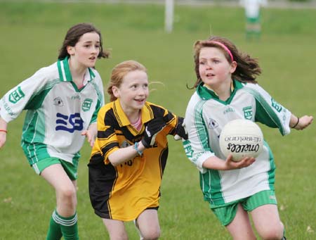 Action from the under 12 girls challenge between Aodh Ruadh and Erne Gaels in Pirc Aoidh Ruaidh.