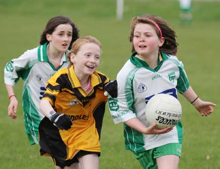 Action from the under 12 girls challenge between Aodh Ruadh and Erne Gaels in Pirc Aoidh Ruaidh.