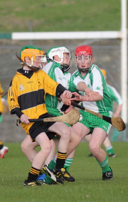 Action from the under 14 hurling game between Aodh Ruadh and Saint Eunan's.