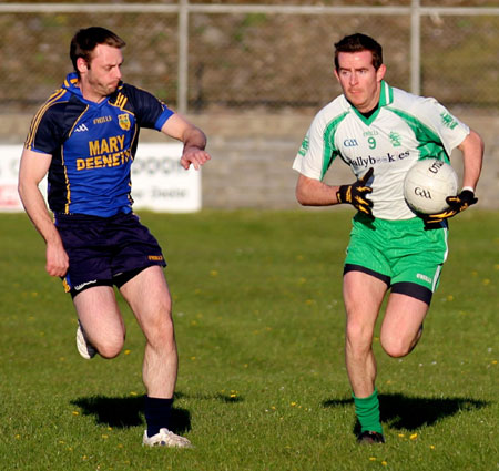 Action from the division three senior football league match against Muff.