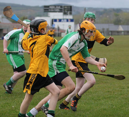 AAction from the under 14 hurling league game against Saint Eunan's in Father Tierney Park.