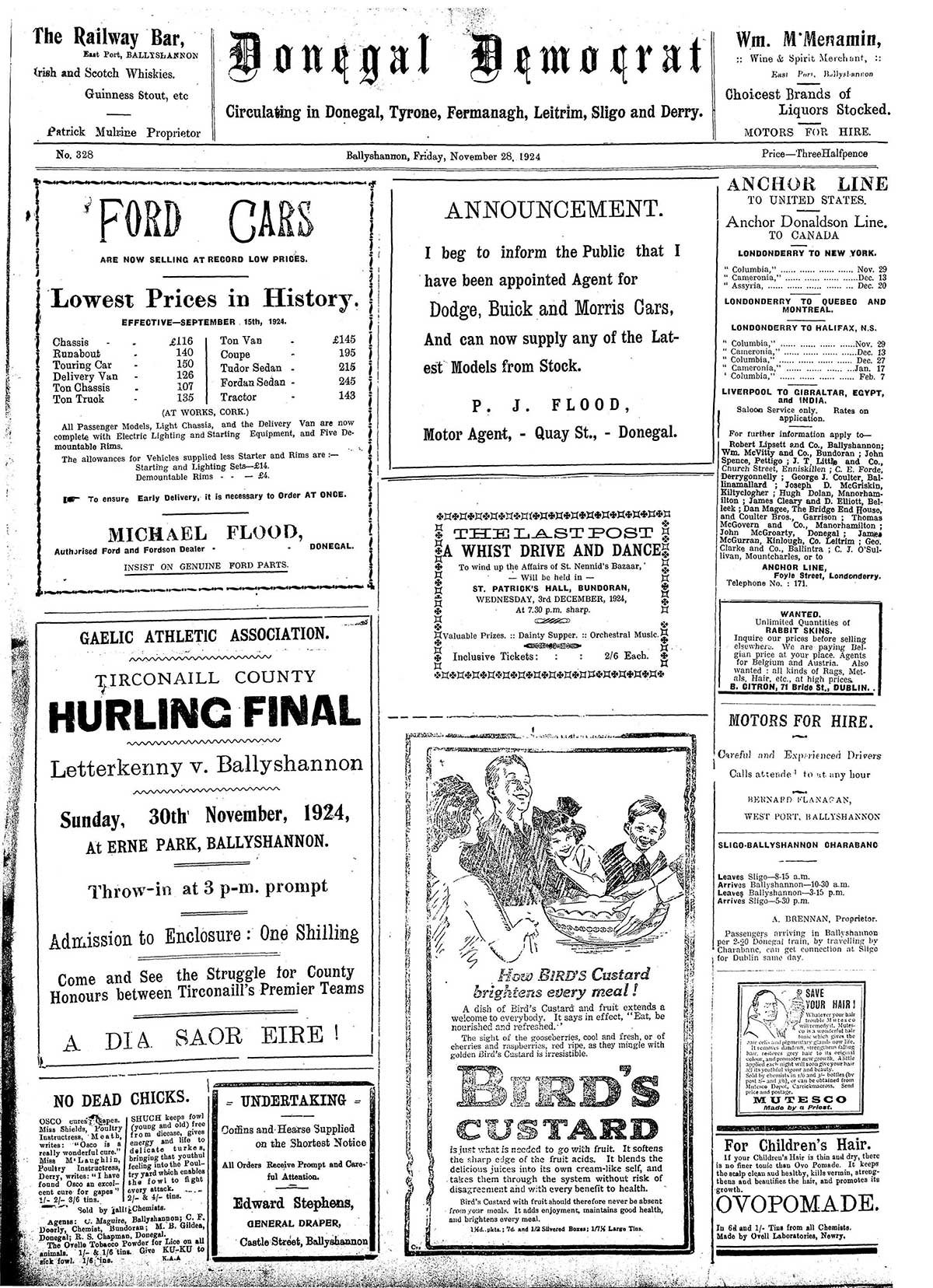 A front page advert in the Donegal Democrat ahead of the 1924 county final.
