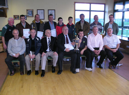 Winning captains from fifty years of the Bakery Cup. Back Row Chairman of Aodh Ruadh Bord na nÓg, Jim Kane, Anthony Sheerin, Paul Touhy, Jim Sheerin, Francis McShea, Alan Finan, Frank Cleary, Pauric Daly, Michael 'Sticky' Ward. Front Row, Ciaran McGinley, Louis Boyle, Michael McLoone, Padraig McGarrigle, Ronan McGurrin, Pauric McShea, Thomas Quinn. 