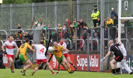 Action from the Ulster Senior Football Championship match between Donegal and Derry.