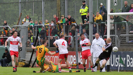 Action from the Ulster Senior Football Championship match between Donegal and Derry.