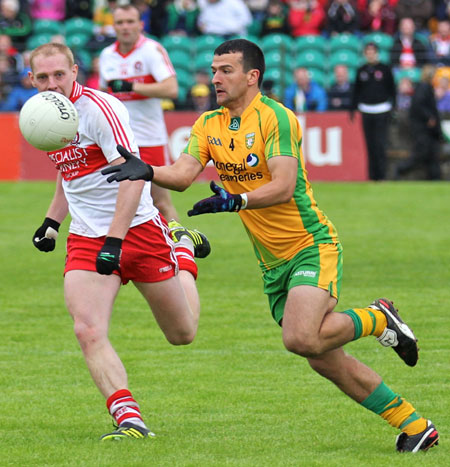 Action from the Ulster Senior Football Championship match between Donegal and Derry.