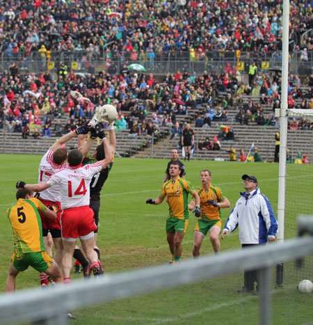 Action from the Ulster Senior Football Championship semi-final between Donegal and Tyrone.