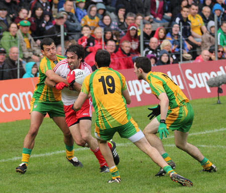 Action from the Ulster Senior Football Championship semi-final between Donegal and Tyrone.