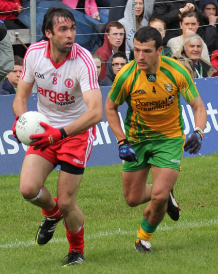 Action from the Ulster Senior Football Championship semi-final between Donegal and Tyrone.