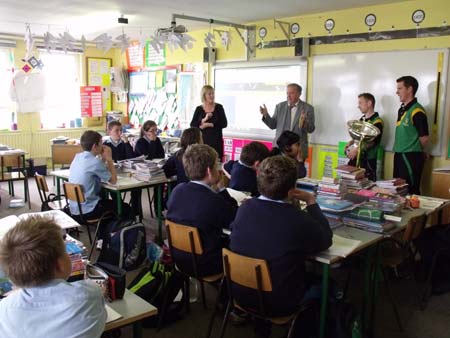 John Campbell, Principal of Saint Macartan's National School fresh from his own double success welcomes the Lory Meagher to his school.