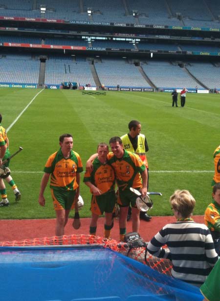 Peter Horan and Paul Sheridan celebrate after winning their historic Lory Meagher cup win.