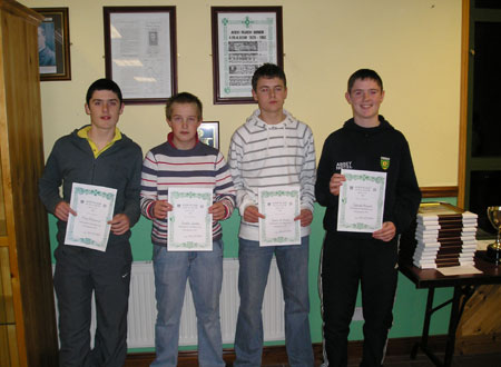 Pictured at Aodh Ruadh Bord na nÓg Presentation Night: (l-r) Ruairí Drummond, Martin Larkin, Ronan McGurn and Sylvester Maguire who received certificates to mark their participation as team captains in the 2007 Bakery Cup.