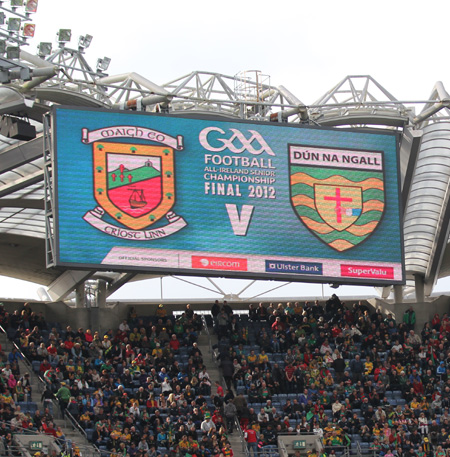 Action from the All-Ireland Senior Football Championship final between Donegal and Mayo.
