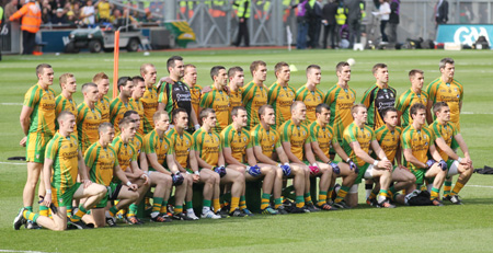 Action from the All-Ireland Senior Football Championship final between Donegal and Mayo.