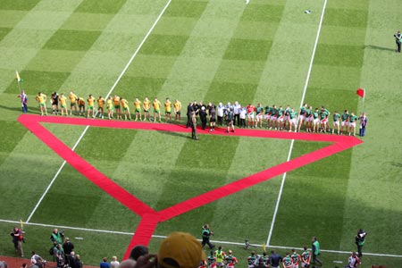 Action from the All-Ireland Senior Football Championship final between Donegal and Mayo.