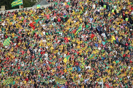 Action from the All-Ireland Senior Football Championship final between Donegal and Mayo.