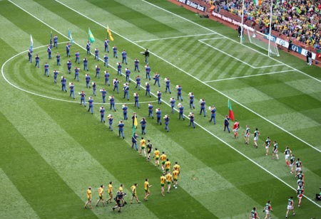 Action from the All-Ireland Senior Football Championship final between Donegal and Mayo.