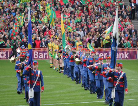 Action from the All-Ireland Senior Football Championship final between Donegal and Mayo.