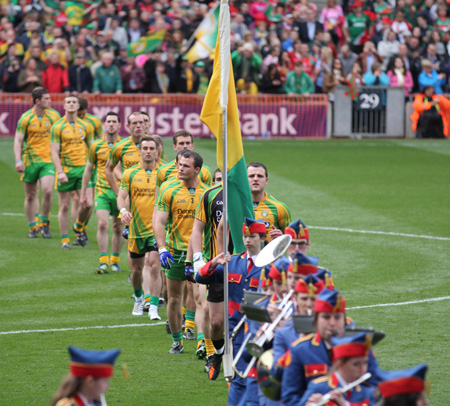 Action from the All-Ireland Senior Football Championship final between Donegal and Mayo.