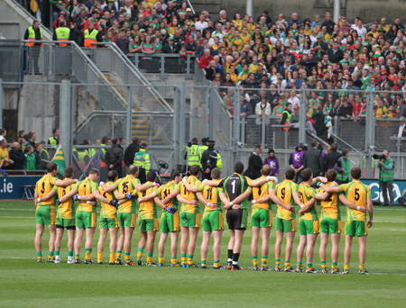 Action from the All-Ireland Senior Football Championship final between Donegal and Mayo.