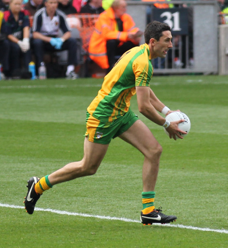 Action from the All-Ireland Senior Football Championship final between Donegal and Mayo.