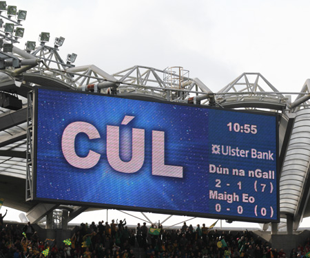 Action from the All-Ireland Senior Football Championship final between Donegal and Mayo.