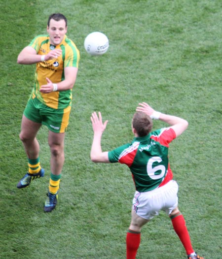 Action from the All-Ireland Senior Football Championship final between Donegal and Mayo.