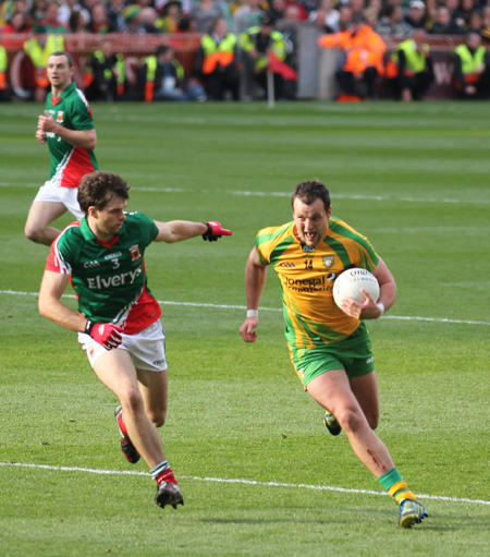 Action from the All-Ireland Senior Football Championship final between Donegal and Mayo.