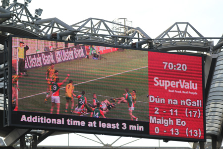 Action from the All-Ireland Senior Football Championship final between Donegal and Mayo.