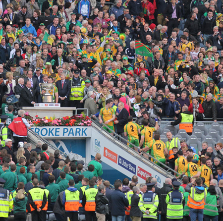 Action from the All-Ireland Senior Football Championship final between Donegal and Mayo.